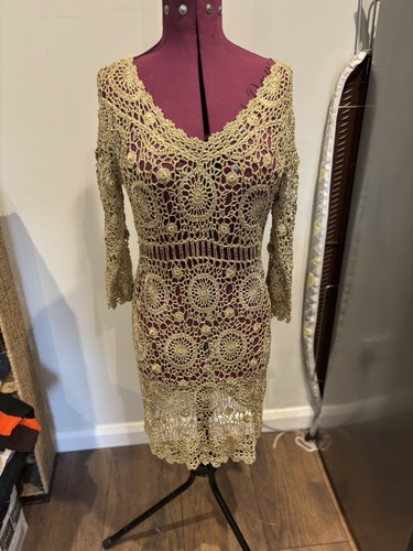 Gold crochet dress - gold,