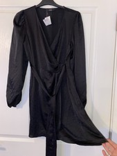 Ladies BNWT Sz 10 Black Satiny Woven Soft Flow Wrap Dress❤️RRP £18 L34 George