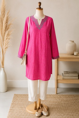 Pink embroidered kurta dress - pink,