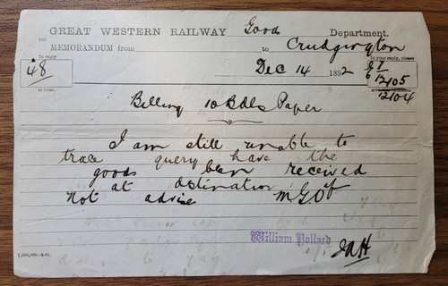 1892 gwr memo crudgington - memo,