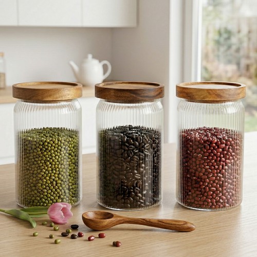 Ribbed glass storage jars - storage, with