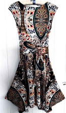 Peacock Feather Pattern Waist Tie  Sleeveless Dress Size 8 Hanky Hem