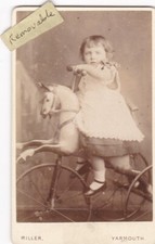 RARE OLD VINTAGE PHOTO CDV TOY HORSE TRICYCLE BIKE CYCLING GIRL YARMOUTH  LL 491