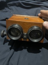 Antique Stereolette Wooden Stereoscope Viewer + 100+ Glass Slides c.1910s