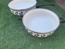 2 Vintage Enamel Asta Pans Frying Pan & Double Handled Pan Flowers 1982