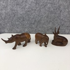 Hand Carved Wooden Elephant, Antelope, Rhino - African Folk Art Safari Bundle