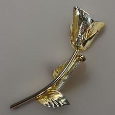 Single Stem Rose Brooch 3D Gold Tone Vintage Long Stem Flower Lapel Pin
