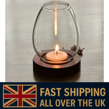 Windproof Glass Candlestick Wedding Table Decor Wood Base Tealight Candle Holder