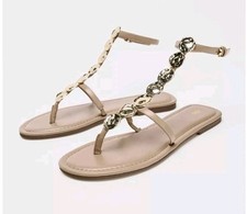 Zara Beaded Flat Sandals Beige uk Size 9 Eu 42 2613/510