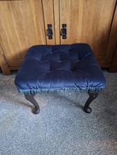 Lovely Vintage Footstool Blue Velvet With Frill With Queen Anne Style Legs
