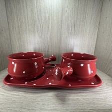Temptations Polka Dot Red Handled Soup Mug and Sandwich Plate Set X2 Bowls 