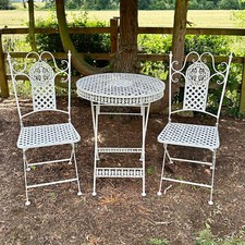 Garden Bistro Set 3pc Cross White Metal Round French Baroque Outdoor Furniture