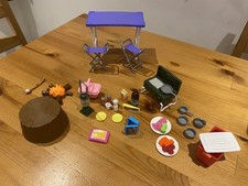 Barbie Accessories camping camp bundle inc. Coleman tent, lamp; log fire; table 