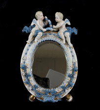 Antique French Style Porcelain Mirror with Cherub Figurines -repaired leg
