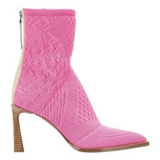 Fendi FFrame Jacquard Mesh Knit Ankle Boots Pink Size 36.5 Pointed Toe Heel