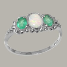 Solid 925 Sterling Silver Real Opal & Emerald Womens Trilogy Ring - Sizes J to Z