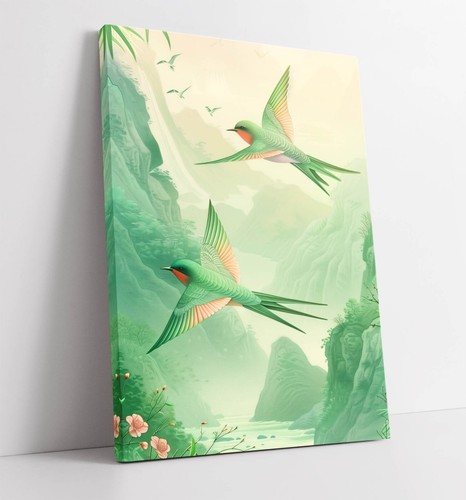Two pink and green swallows - green,