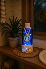 Nautical Blue Bottle Lantern with Rope and Seashells Coastal Bathroom Decor Home