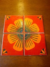 Vintage H&R Johnson Cristal Brasilia Ceramic Tiles Orange Floral Set of 4 Retro