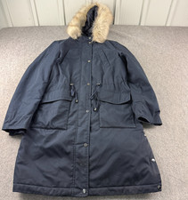 M&S Parka Coat Womens Size 14 Blue Stormwear Textured Hooded Fur Trim RRP £129