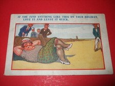 Old SEASIDE comic postcard FAT LADY ON BEACH Garters