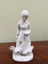 Vintage Woolbro Women With Chickens White Porcelain Ornament 