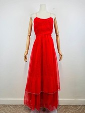 Vintage 70s Vera Mont Red Pink Heart Print Tiered Strappy Maxi Dress 8