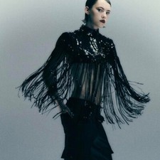 ZARA Black SEQUIN CAPE w/ FRINGING & SHOULDER PADS One Size TRINNY Rare BNWOT