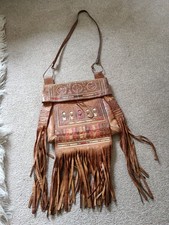 Moroccan Vintage Leather Handcrafted African Tuareg Bag with Fringes Wall Art