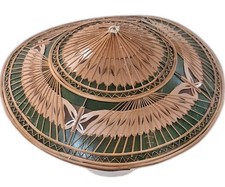 Oriental Rice Paddy Hat Green & Tan Woven Coolie Vintage Charity Sale
