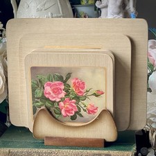 Vintage Place Mats & Serving Mats Set + Stand English Roses - Retro Mid Century