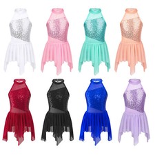 Girl Shiny Sequin Ballet Tutu Dress Halter Neck Irregular Lyrical Dance Costume
