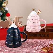 New Creative Christmas Tree Shape Coffee Mug with Lid Spoon Ceramic Coffee Cup