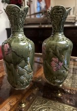 Pair Antique Green Flower Vases. JUGENDSTIL. Germany. Number 698. Imperial Bonn.