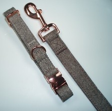 Tweed dog collar and lead set with rose gold colored clips