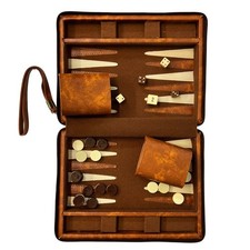 Vintage Backgammon Game Set Brown Faux Leather Mini Travel Magnetic Zip Up Case