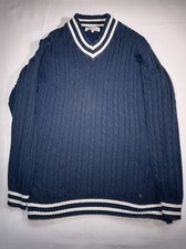 Dubarry XL Blue Cable Knit V Neck Jumper Sweater Cricket Style Cotton Blend