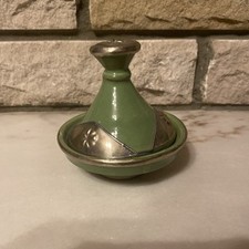 Vtg Moroccan Stoneware Pottery Black Enamel Metal Accents Mini Small Tagine 4’’