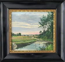 Antique oil painting. Frants Henningsen(1850-1908):”A landscape at sunset”