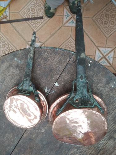 Two antique copper saucepans - antique,