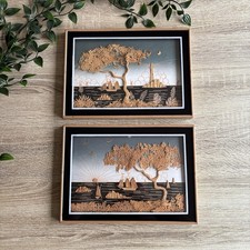 Vintage Cork Diorama Black Wall Art Boat Pictures Retro X2