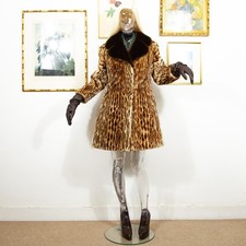 Vintage 1970s Faux Leopard Fur Coat Animal Print Swing Coat Plush Brown Collar S