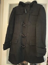 Vintage Top Shop Black Wool Duffle Coat Size 12 Hood Toggles warm Quilted Lining