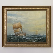 Vintage Oil Painting of Sailing Ships by Ian Turner - Restoration Needed