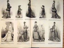 Old Antique Print Ladies Fashion Dress Costume Armure Autumn Dresses 1876 19th