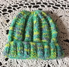Brand New Hand Knitted Colour Green Mix Baby Boys Hat Size Newborn Approx,