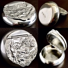 Vintage / Antique English “Country Scene” Pewter Snuff Box / Pill Box (84.5g)