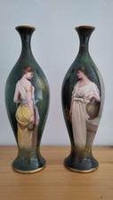 Pair Antique Victorian Royal Bonn Portrait Vases Art Nouveau PreRaphaelite style