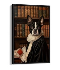 FUNNY PORTRAIT BOSTON TERRIER IN LIBRARY FLOAT EFFECT FRAME CANVAS ART PIC PRINT