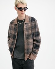 AllSaints Men's Collared Wool Knit Cardigan Brown Chunky-Knit Full Zip Size XL